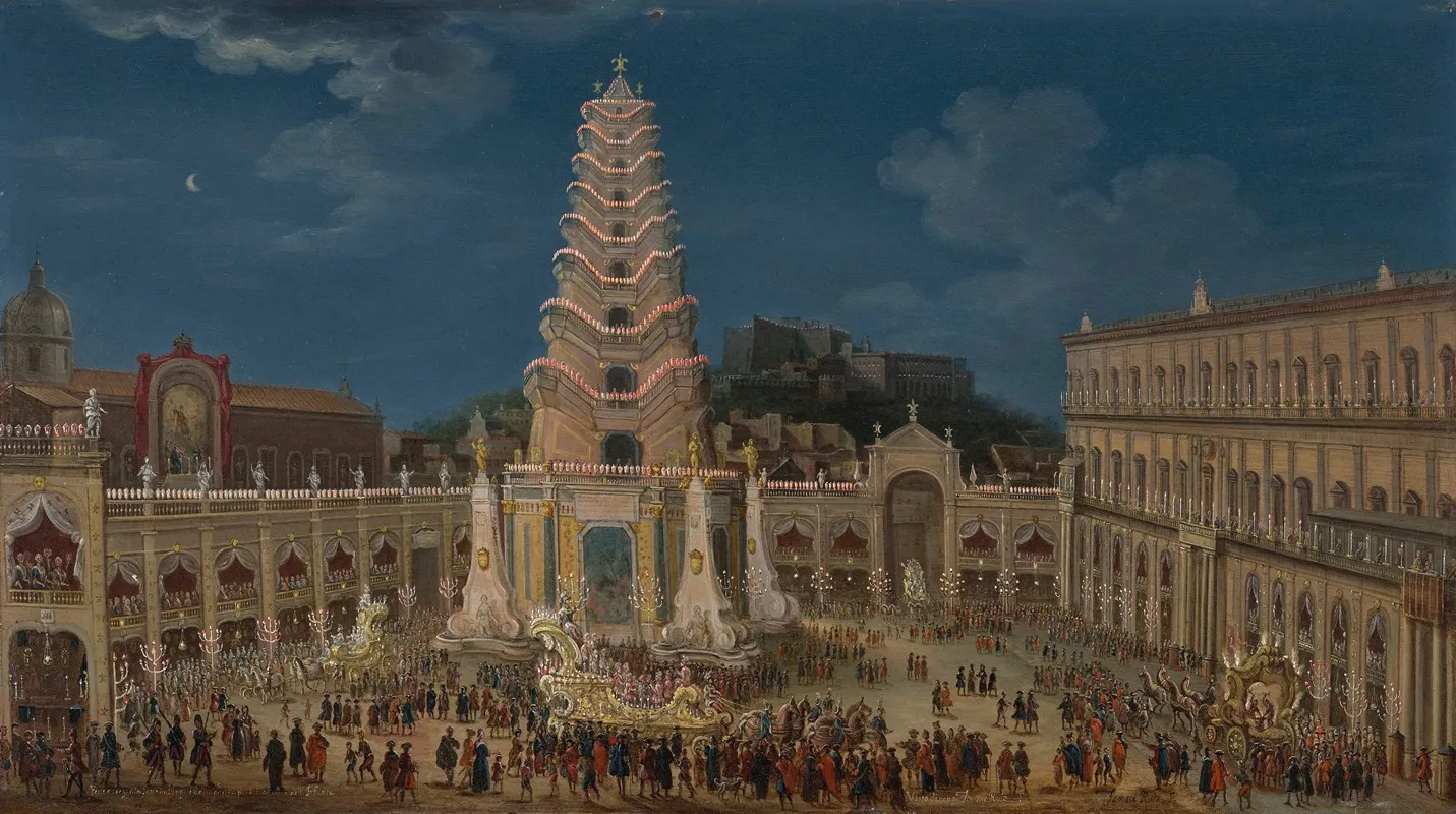 View Of The Night Time Celebrations For The Baptism Of The Infanta In Naples 1740 by Tommaso Ruiz - Canvas Print