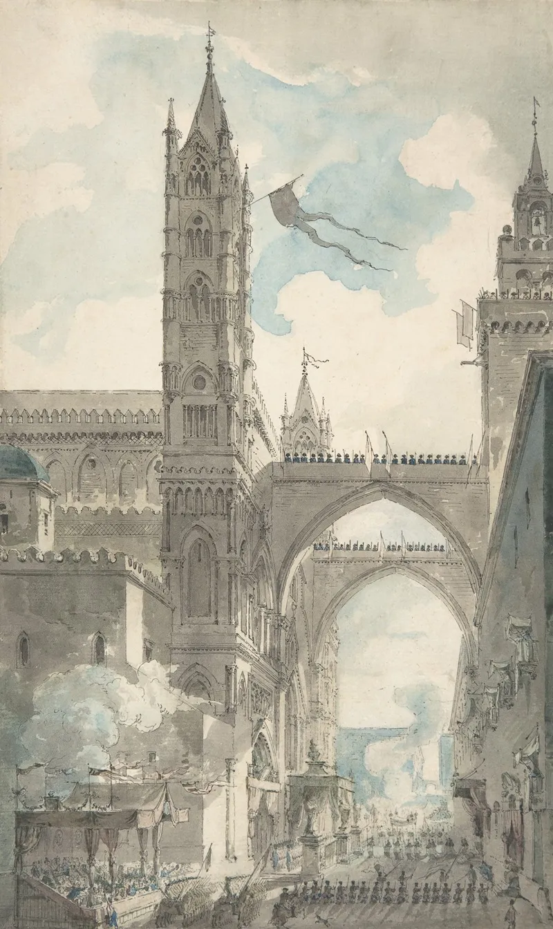 View Of The Portal And Principal Entrance Of The Cathedral Of Palermo During The Festival Of Sta Rosalia