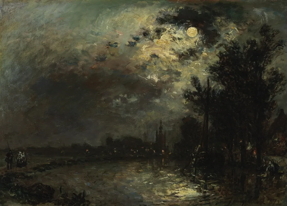 View On Overschie In Moonlight by Johan Barthold Jongkind - Canvas Print