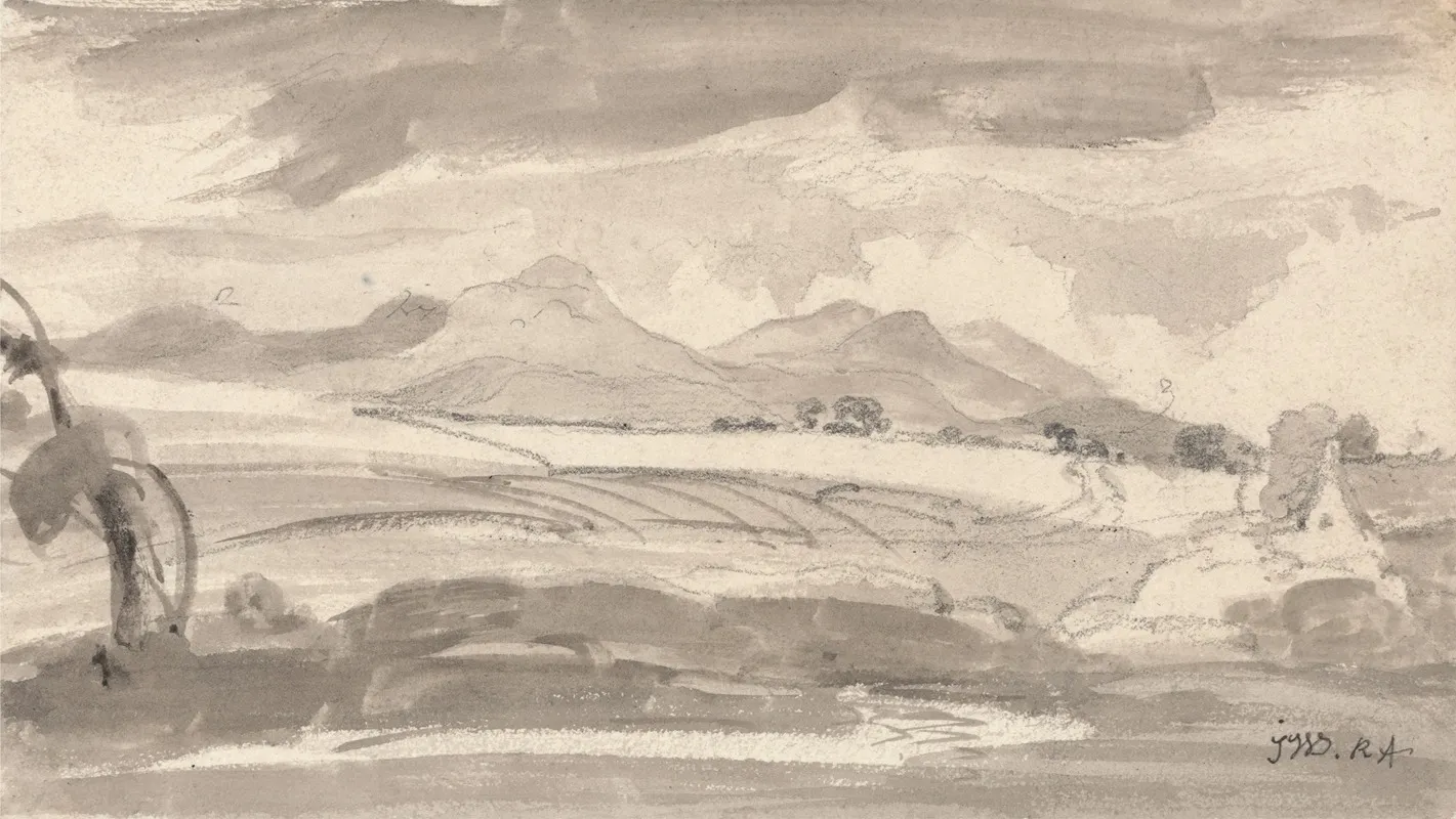 View Overlooking Fields To Distant Mountains With A Cottage At Right by James Ward - Canvas Print