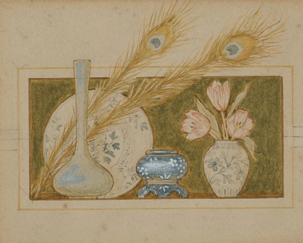 Vignette Of Two Peacock Feathers And China by John George Sowerby - Canvas Print