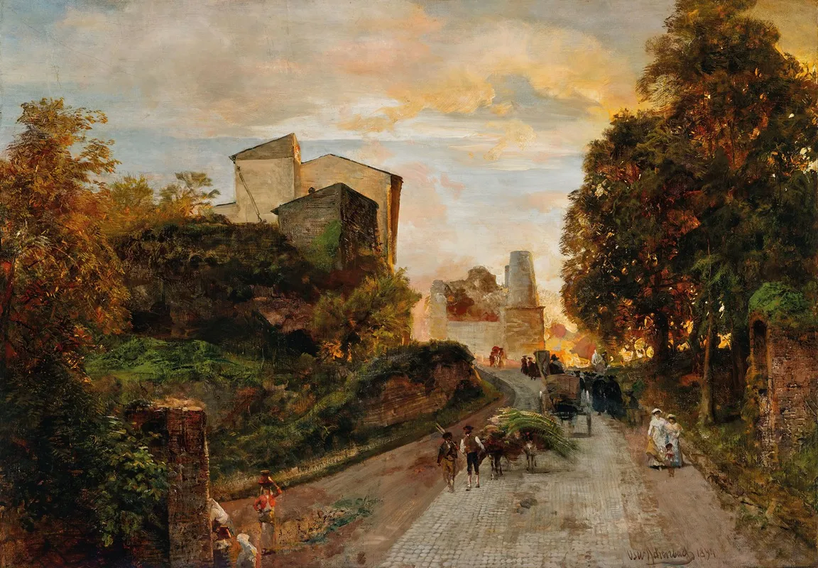 Village Street At Sunset