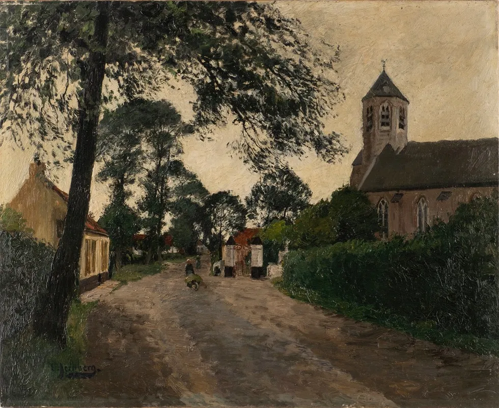 Village Street With Church by August Jernberg - Canvas Print