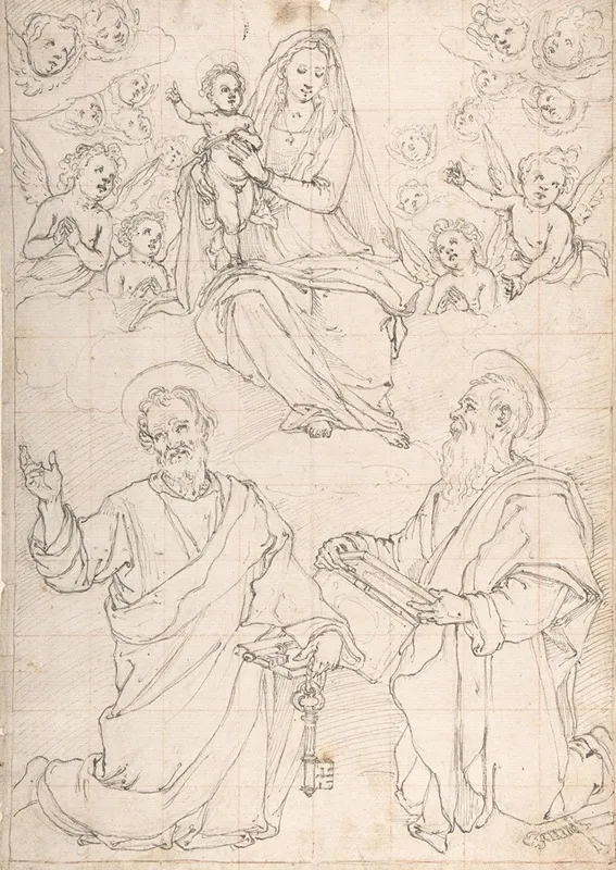 Virgin And Child Appearing In A Glory Of Angels To Saint Peter And Saint Paul by Jacopo da Empoli - Canvas Print