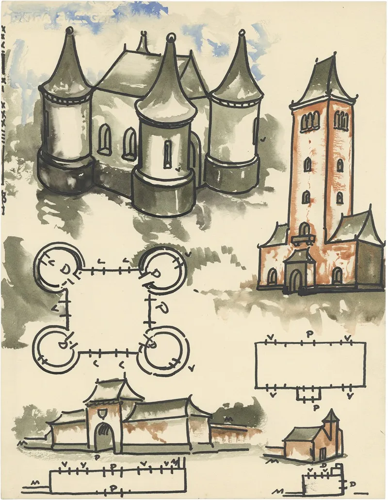 Vogelperspectief En Plattegrond Van Herenhoeve En Kasteel En Belfort