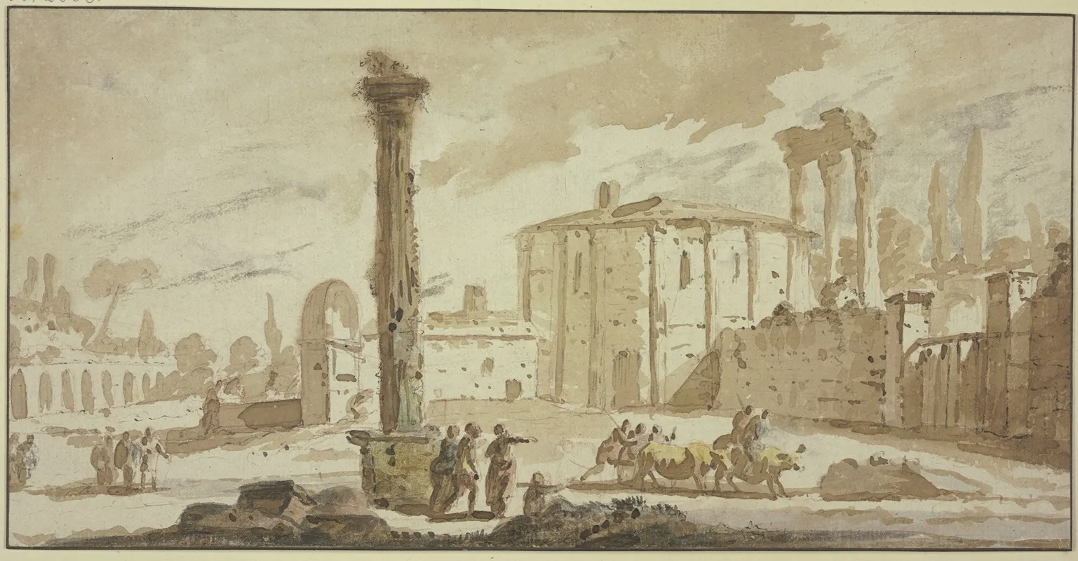 Von Ruinen Umstandener Platz Mit Einer Frei Stehenden Saule Die Rotunde Dem Tempel Des Hercules Victor Auf Dem Forum Boarium In Rom Nachempfunden