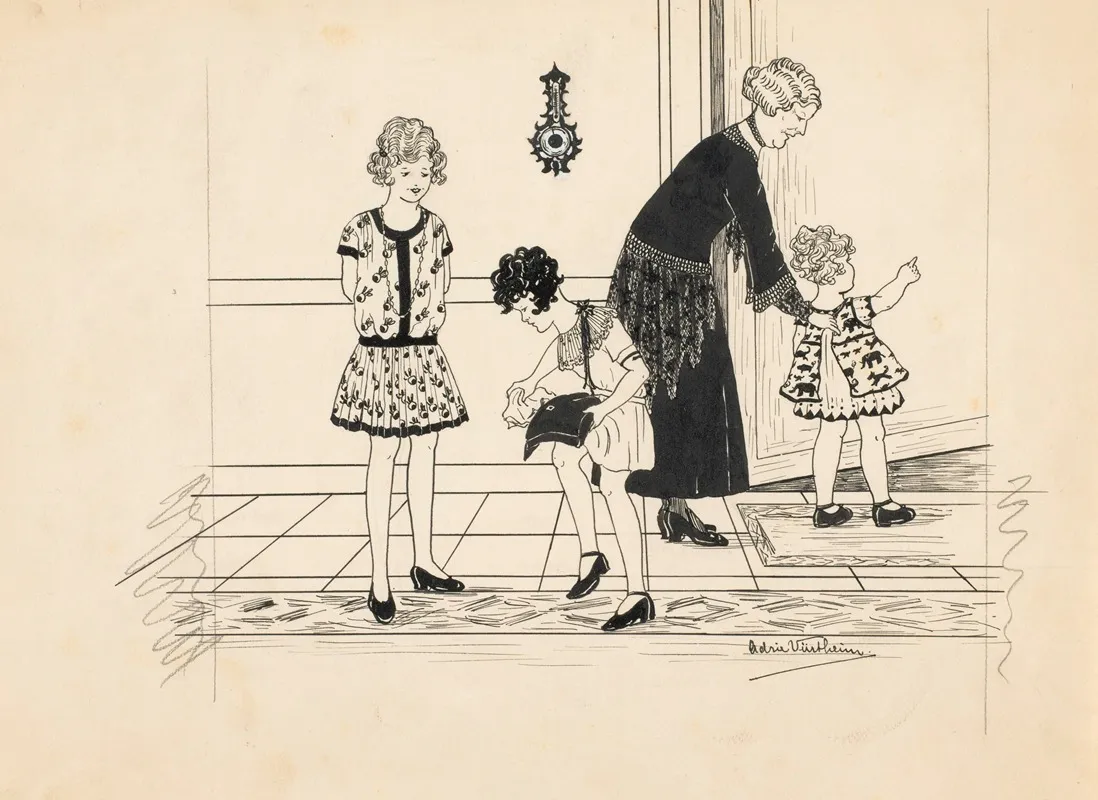 Vrouw En Drie Meisjes In Een Gang 2 by Adrie Vürtheim - Canvas Print