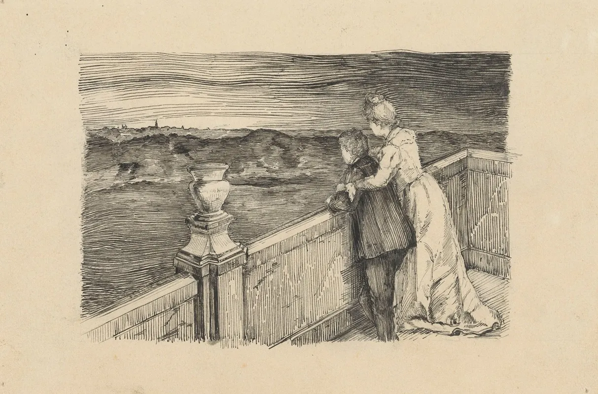 Vrouw En Jongen Bij Een Balustrade
