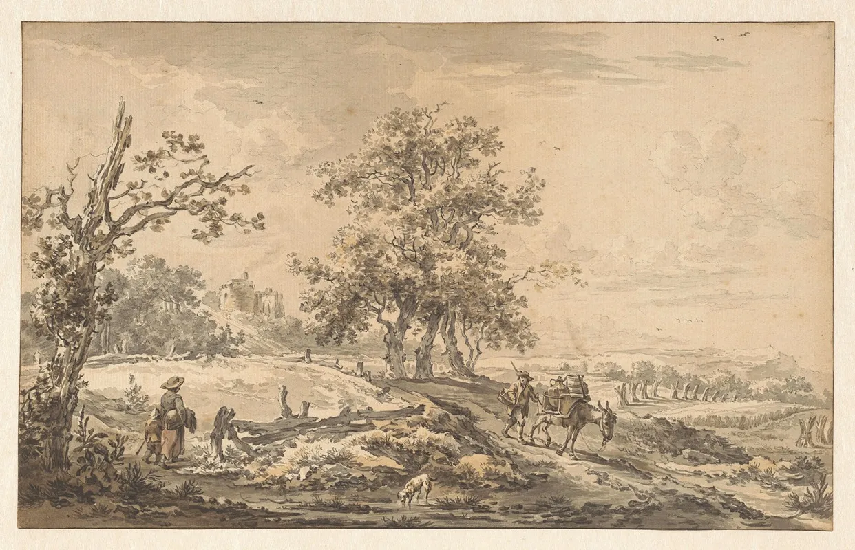 Vrouw Met Kind En Man Met Ezel In Landschap by Egbert van Drielst - Canvas Print