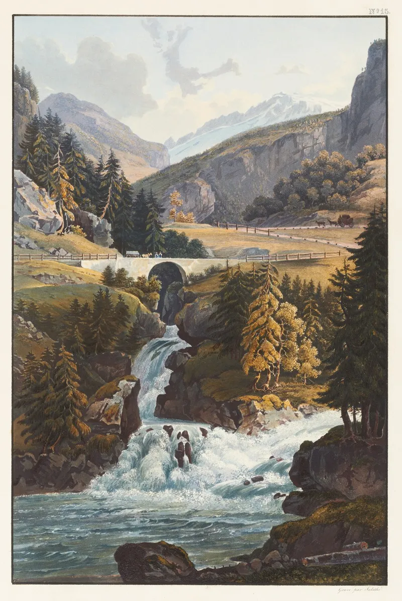 Vue De La Cascade Du Rhin Et Du Torrent Davers Dans Le Roflen