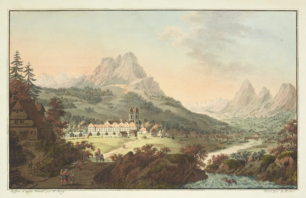 Vue De Labbaye Deinsiedlen Et De Ses Environs Dans Le Canton De Schweitz by Gabriel Lory the older - Canvas Print