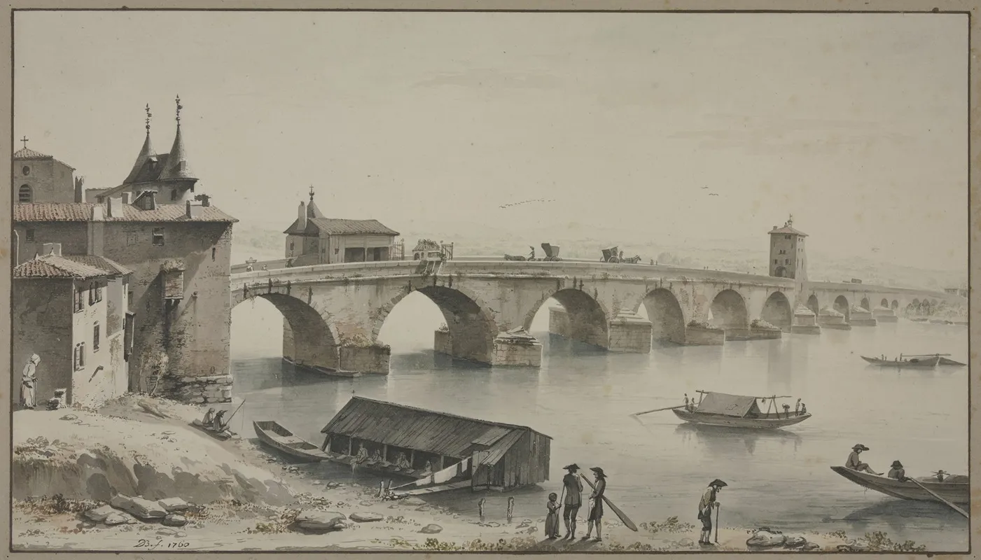Vue Du Pont De La Guillotiere A Lyon 2 by Jean-Jacques de Boissieu - Canvas Print