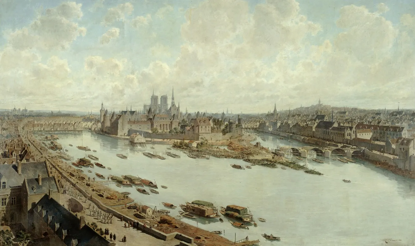 Vue Panoramique De Paris En 1588 Depuis Les Toits Du Louvre Avec Le Pont Neuf En Construction by Fédor Hoffbauer - Canvas Print
