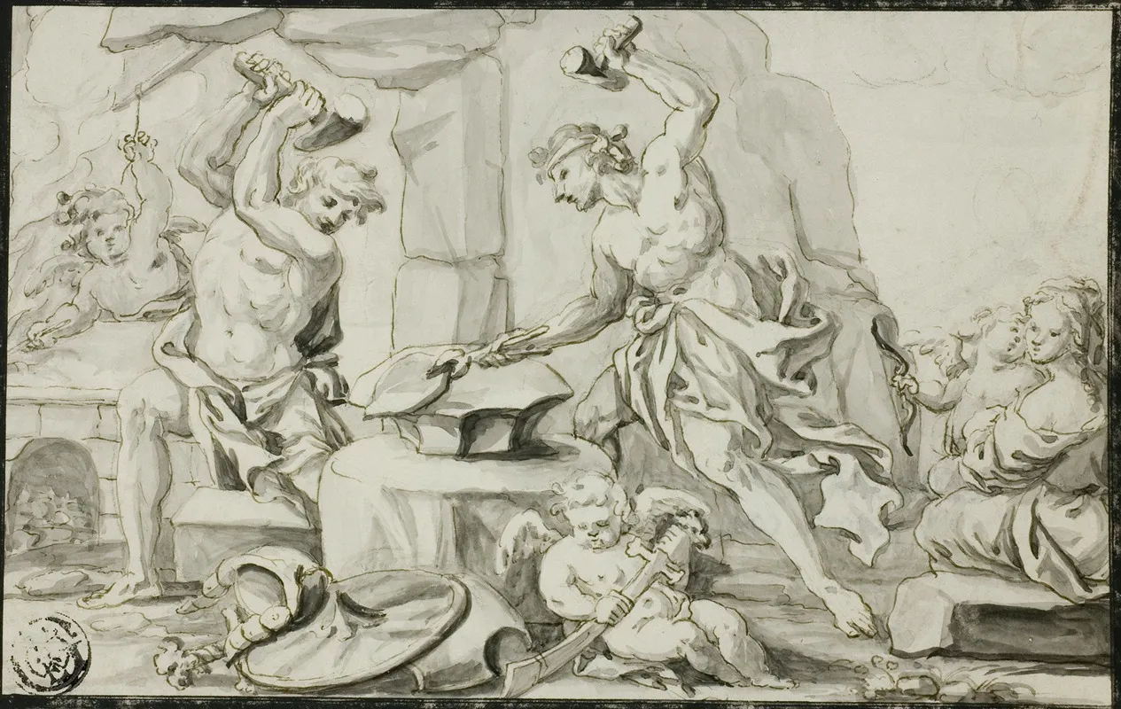 Vulcan Making Arms For Achilles While Venus And Cupid Look On by Abraham Drentwett the Elder - Canvas Print