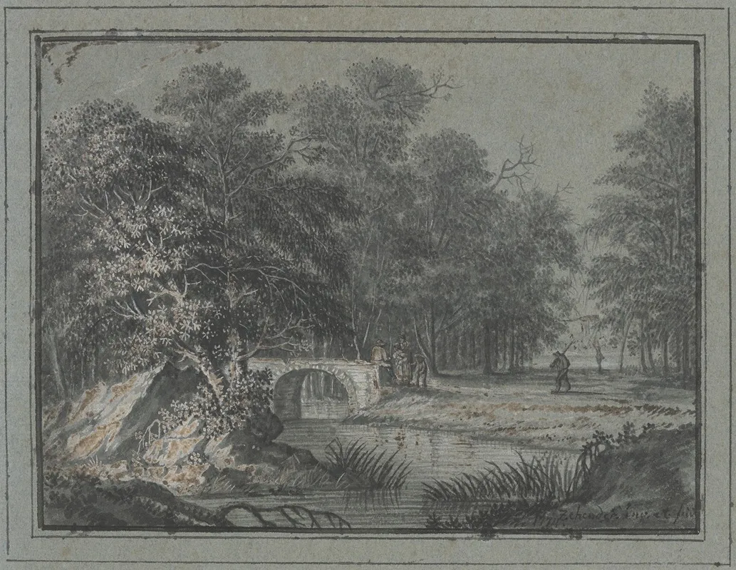 Wald Mit Wasser Und Einer Brucke Dabei Mehrere Figuren
