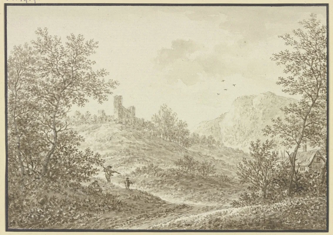 Waldausgang Mit Blick Auf Einen Hugel Mit Einer Ruine Im Vordergrund Drei Figuren Und Rechts Ein Bauernhof by Karl Franz Kraul - Canvas Print