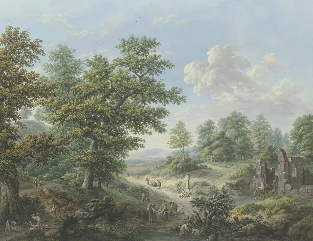 Waldausgang Rechts Die Ruine Einer Kapelle In Die Ein Reiter Hineinreitet by Karl Franz Kraul - Canvas Print