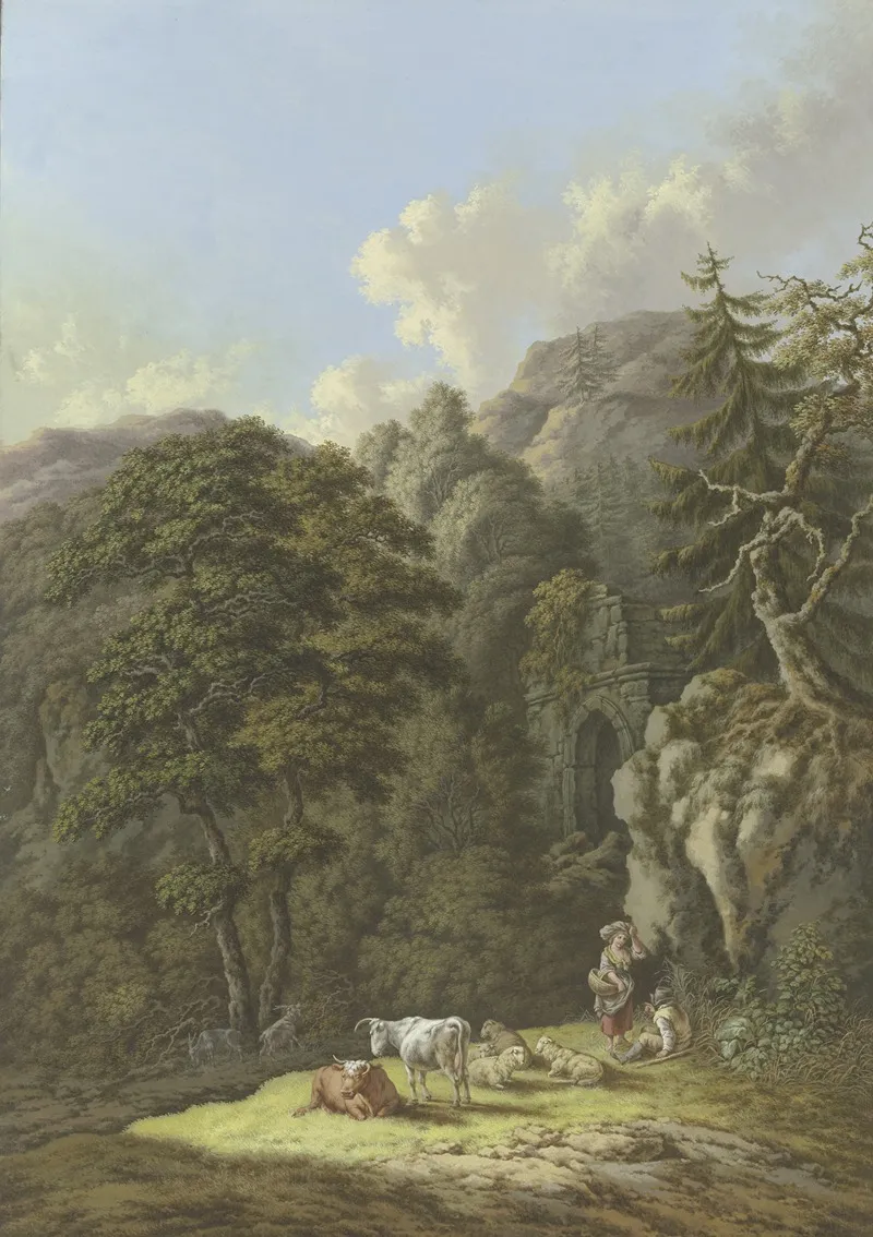 Waldige Berglandschaft Mit Einem Alten Tor Und Einer Viehherde In Einer Lichtung by Karl Franz Kraul - Canvas Print