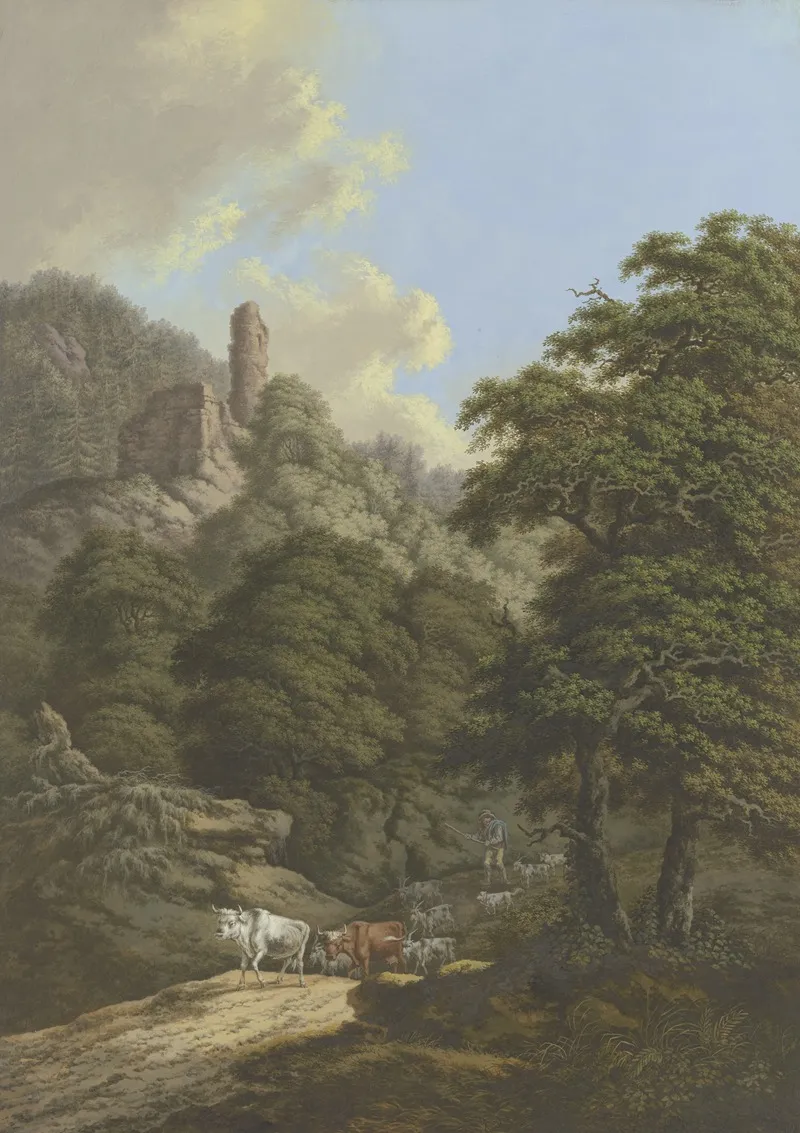 Waldige Berglandschaft Mit Einer Burgruine Ein Hirte Treibt Seine Herde Von Der Weide by Karl Franz Kraul - Canvas Print