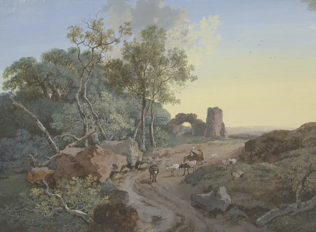 Waldpartie Und Ruine Mit Einem Bogen An Einem Weg Mit Hirten Und Vieh by Johann Georg Wagner - Canvas Print