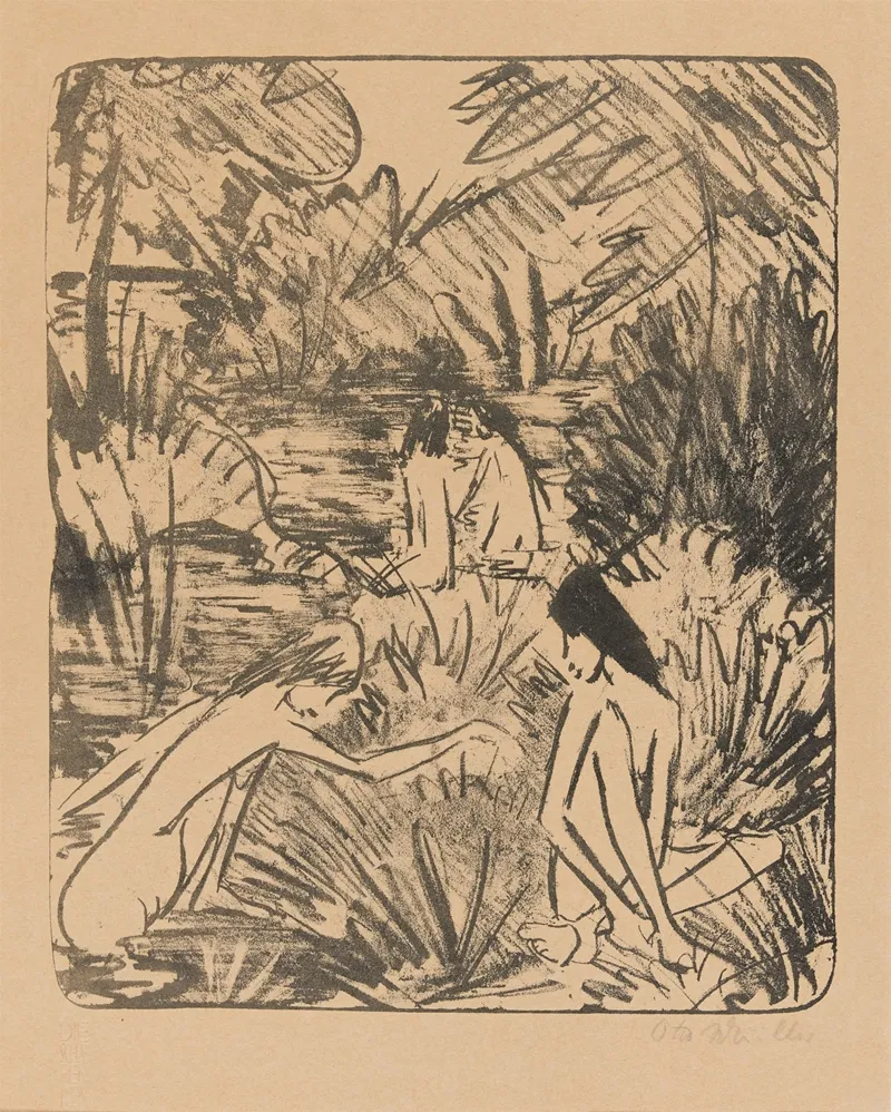 Waldsee Mit Drei Badenden Und Einem Sitzenden Madchen 2 3