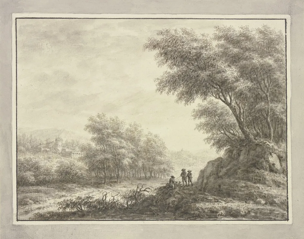 Waldweg Mit Drei Jagern Links Durchblick Auf Eine Schlosanlage by Johann Caspar Zehender - Canvas Print