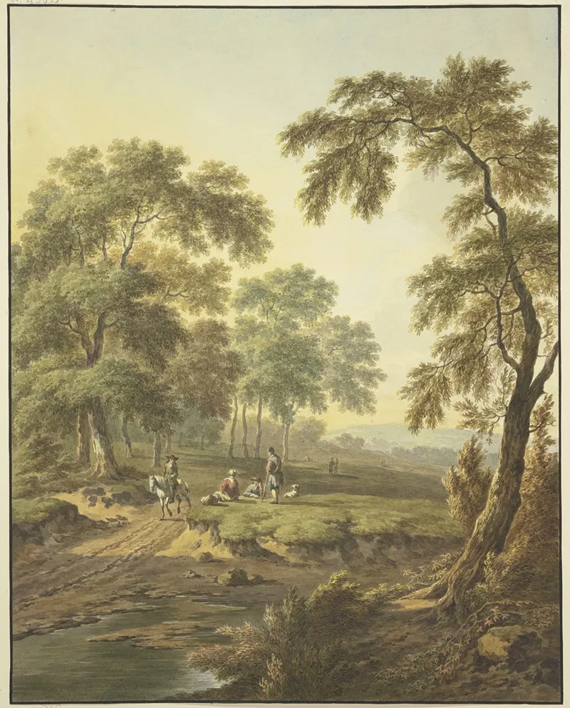 Waldwiese Mit Wasser Auf Dem Weg Ein Reiter Auf Einem Schimmel Dabei Einige Ruhende Leute Mit Einem Hund by Abraham Teerlink - Canvas Print