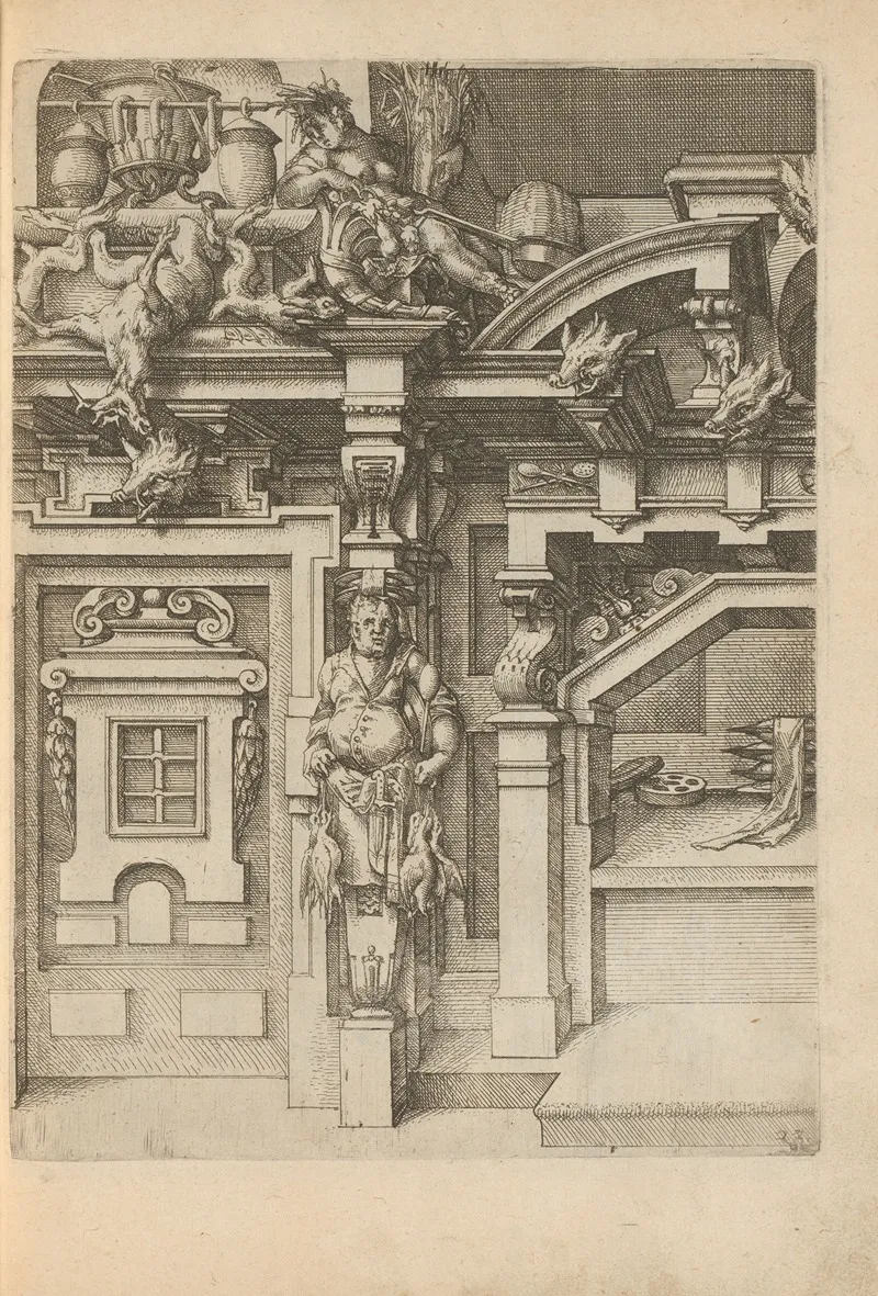 Wall With An Oven And A Herm In The Form Of A Cook With Ducks In His Hand And Ceres With A Sheaf Of Wheat And A Cornucopia by Wendel Dietterlin - Canvas Print