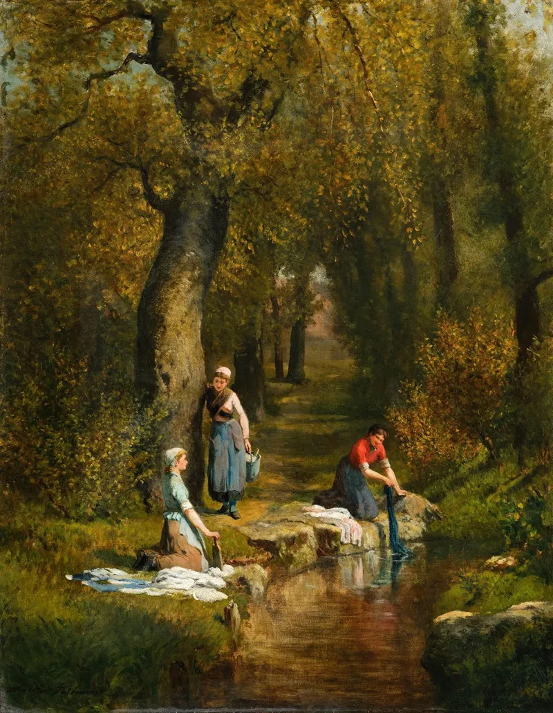 Washerwomen In A Landscape by Adolphe Théodore Jules Martial Potémont - Canvas Print