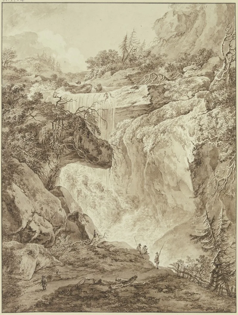 Wasserfall In Einer Gebirgsschlucht Im Vordergrund Vier Angler by Johann Heinrich Wüest - Canvas Print