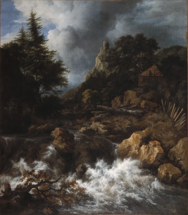Waterfall With A Half Timbered House And Castle
