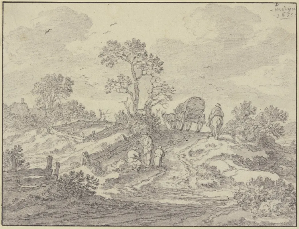 Weg Uber Einen Hugel Mit Einem Wagen Und Einem Reiter Vorn Drei Figuren by Pieter de Molijn - Canvas Print