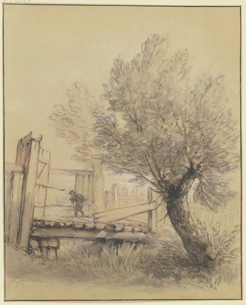 Weidenbaum Bei Einer Holzbrucke Uber Die Ein Mann Schreitet by Bernhard Rode - Canvas Print