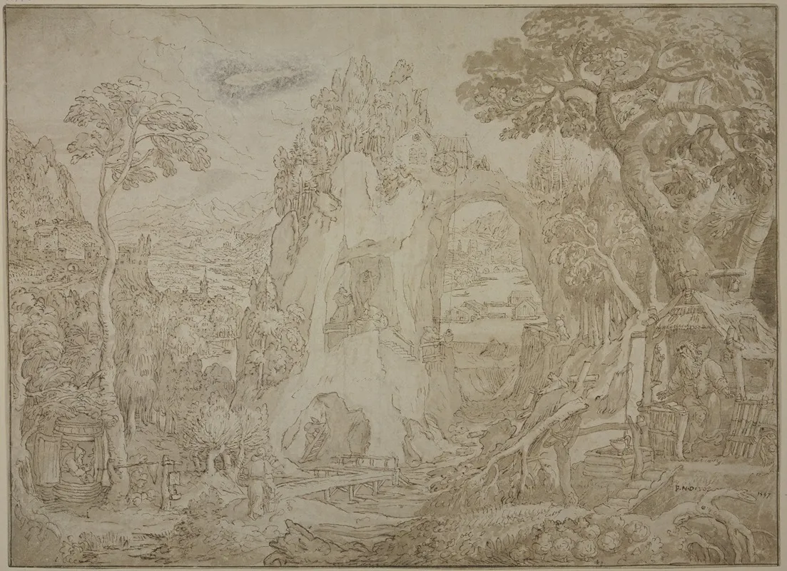 Weite Gebirgs Und Flachlandschaft Mit Verschiedenen Stationen Aus Dem Leben Eines Heiligen Einsiedlers Des Heiligen Antonius