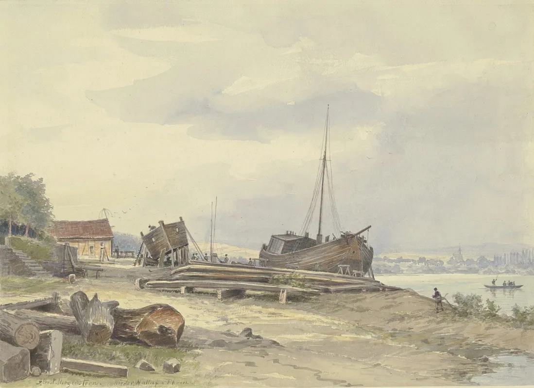 Werft Am Rheinufer Bei Niederwalluf by Friedrich Ernst Morgenstern - Canvas Print