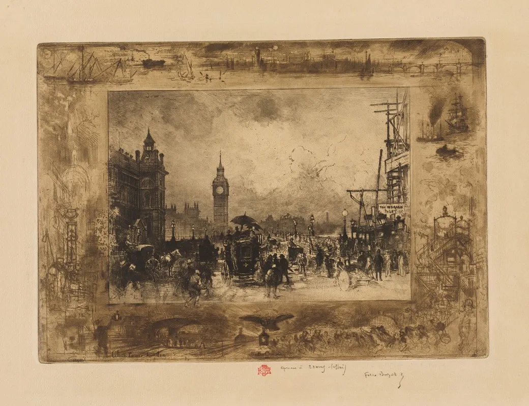 Westminster Bridge Or Westminster Clock Tower by Félix Hilaire Buhot - Canvas Print