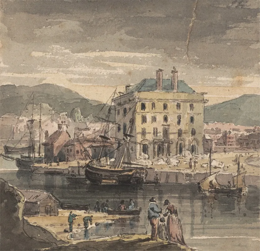 Weymouth With Figures Shipping And View Of The Custon House by John Henderson - Canvas Print