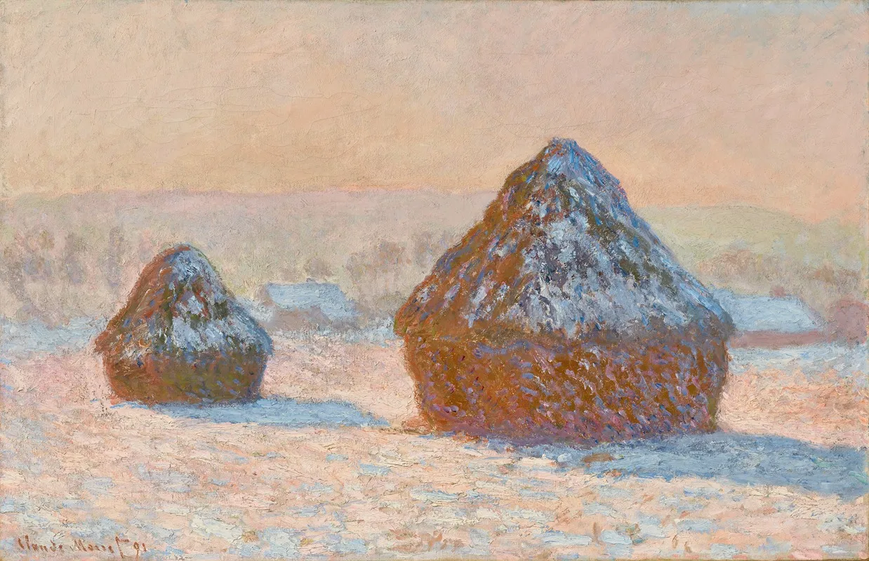 Wheatstacks Snow Effect Morning by Claude Monet - Canvas Print