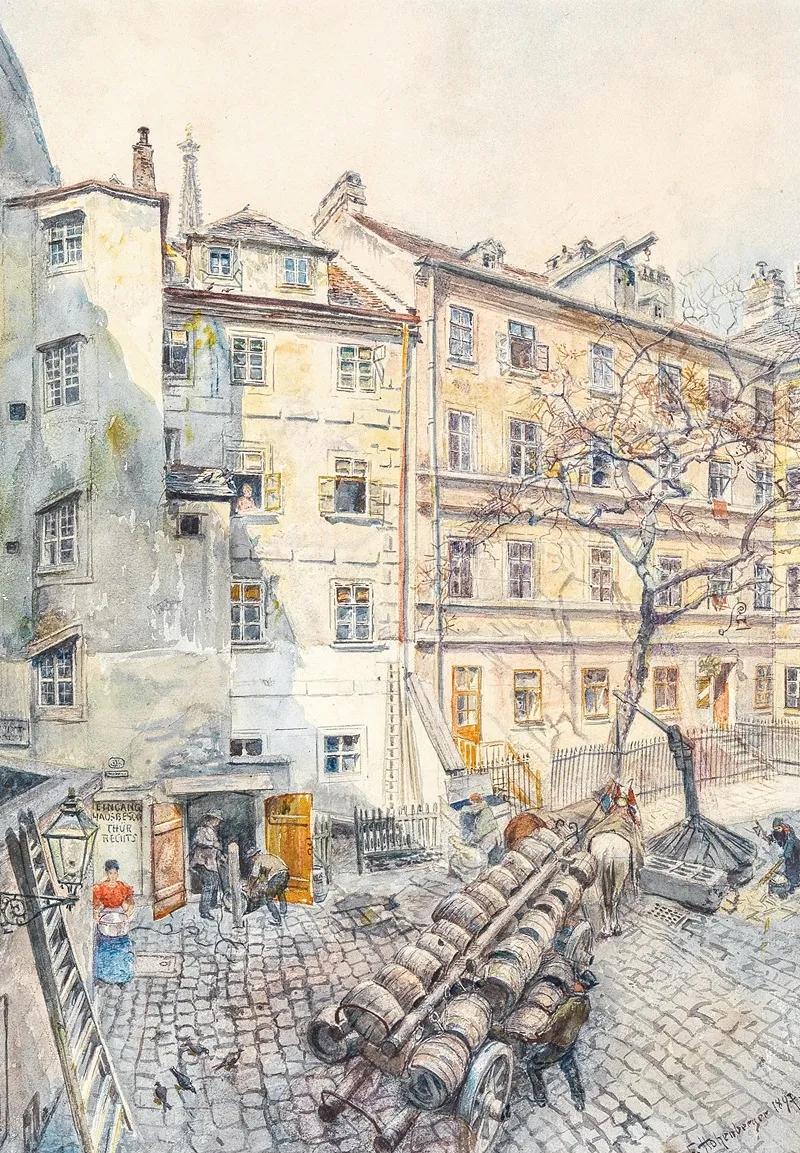 Wiener Hinterhof Mit Bierfassern by Franz Hohenberger - Canvas Print