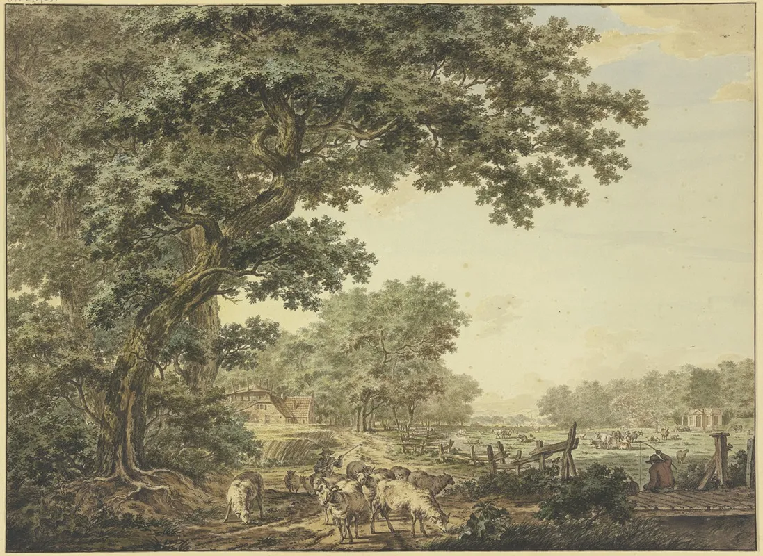 Wiesengrund Zwischen Dem Wald Mit Vielem Vieh Vorne Ein Schafer Mit Seiner Herde Auf Einer Brucke Rechts Ein Angler by Jacob Cats - Canvas Print