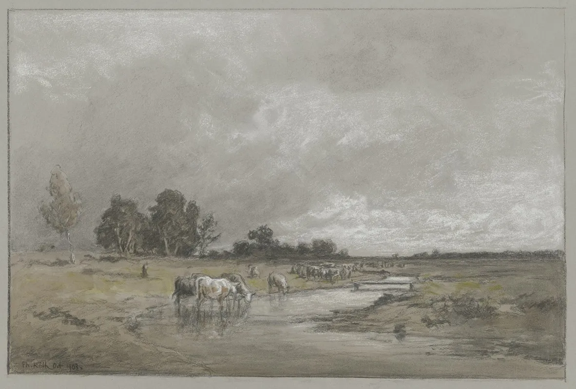 Wiesenlandschaft Mit Trinkender Herde by Philipp Röth - Canvas Print