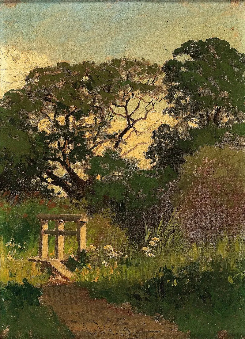 Wiesenstuck Mit Steg Uber Bach by Ludwig Willroider - Canvas Print