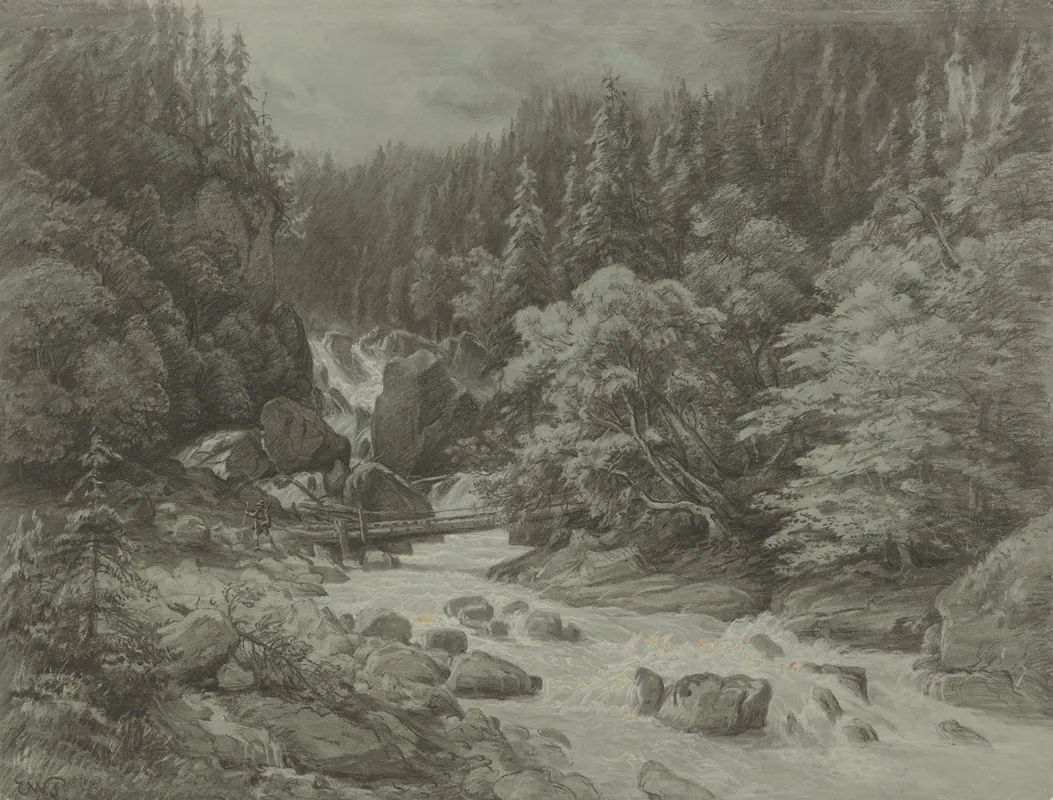 Wildbach In Tirol Mit Einer Brucke by Eduard Wilhelm Pose - Canvas Print