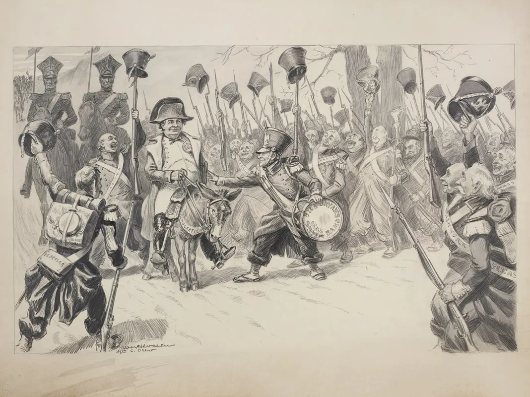 William Jennings Bryan As A General Riding The Democratic Party Donkey And Cheered By His Troops
