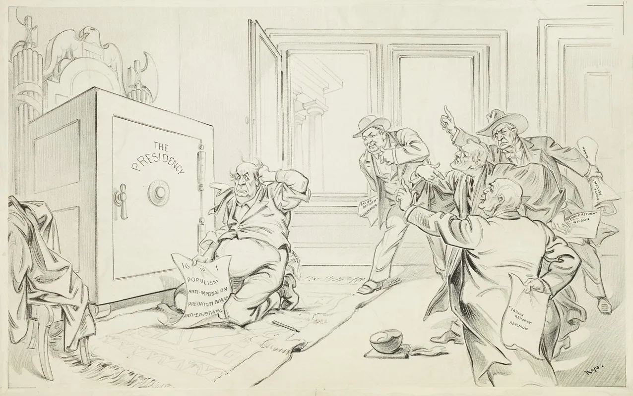 William Jennings Bryan Kneels In Front Of A Safe Labeled The Presidency