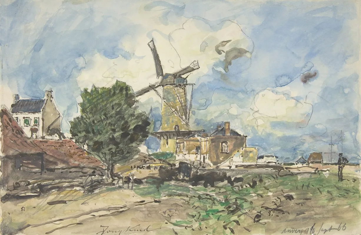 Wind Mill At Antwerp by Johan Barthold Jongkind - Canvas Print