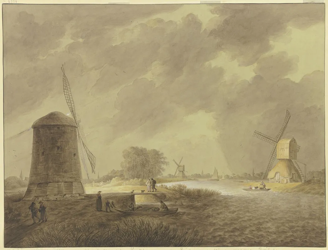 Windmuhlen An Einem Flus Bei Sturmischem Trubem Wetter by Ursula Magdalena Reinheimer - Canvas Print