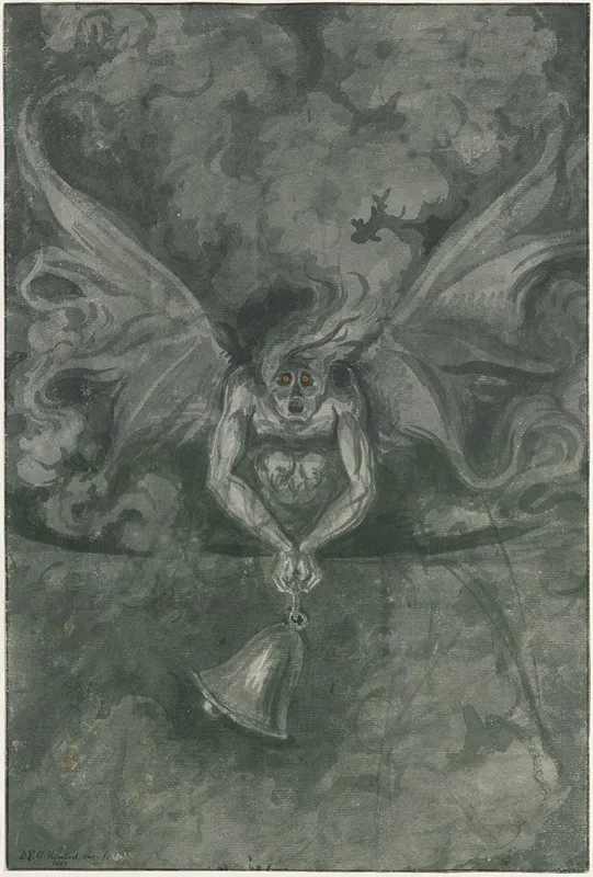 Winged Devil With Fiery Eyes Tolling A Bell
