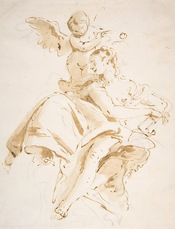 Winged Putto Crowning A Seated Woman Who Looks To The Left