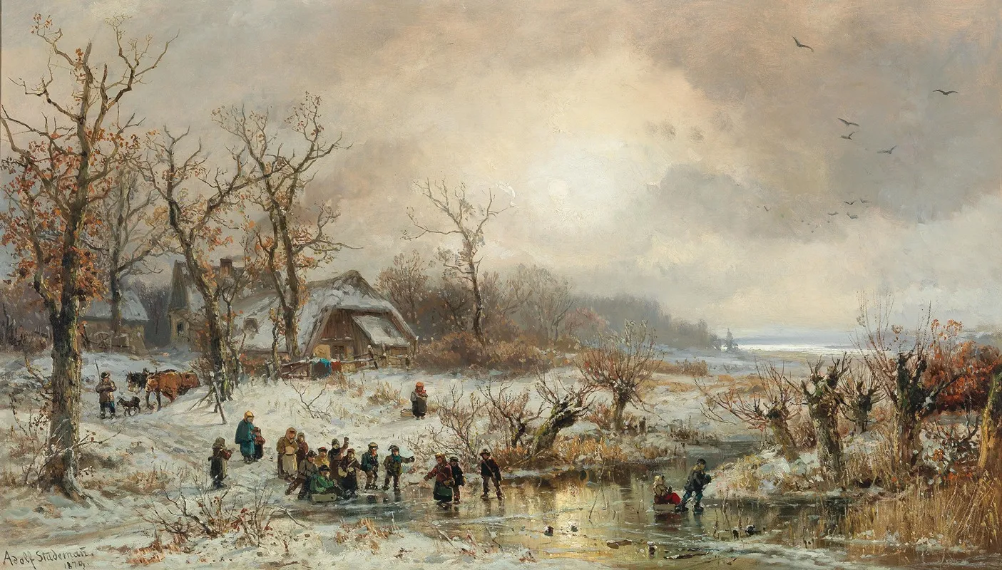Winter Amusements In The Setting Sun by Adolf Stademann - Canvas Print